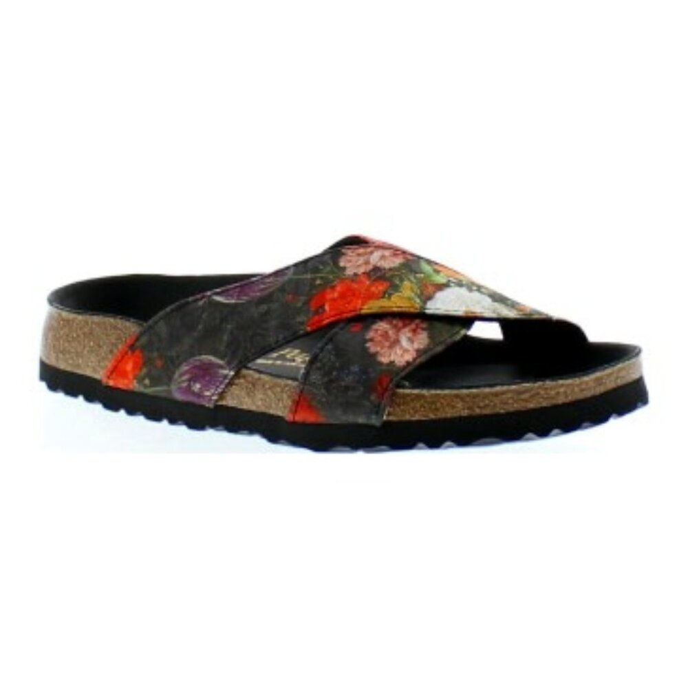 Birkenstock Floral Black Cross-Strap Sandals with Orange and Purple Accents